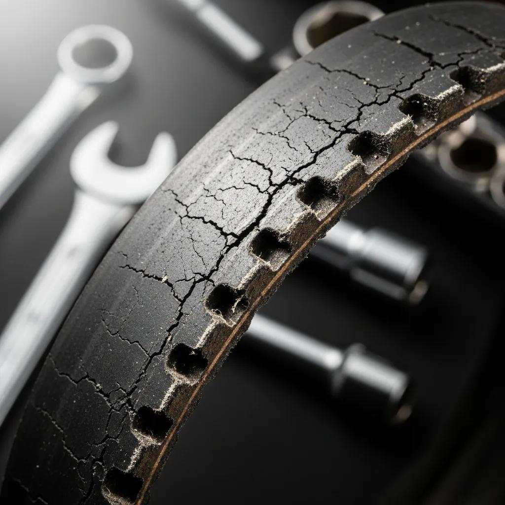 Close-up of a worn timing belt showing signs of failure