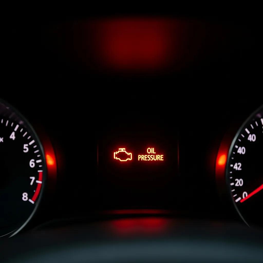Close-up of car dashboard with flashing check engine and oil pressure warning lights, indicating urgent vehicle issues