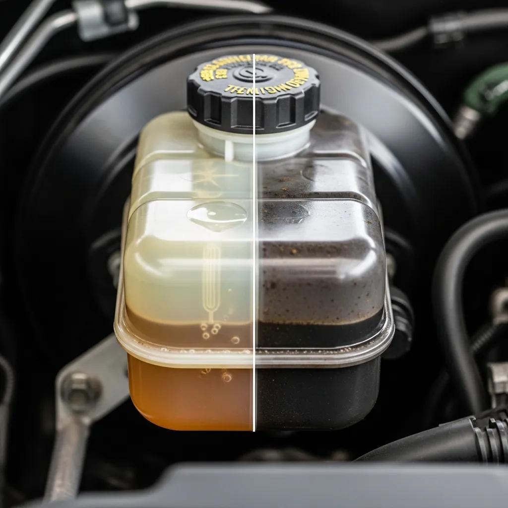 Comparison of clean and contaminated brake fluid in a reservoir