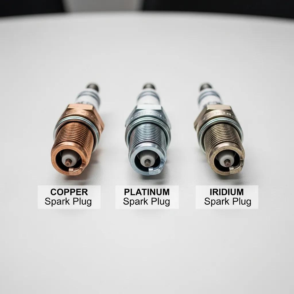 Comparison of copper, platinum, and iridium spark plugs, illustrating their materials and lifespan differences