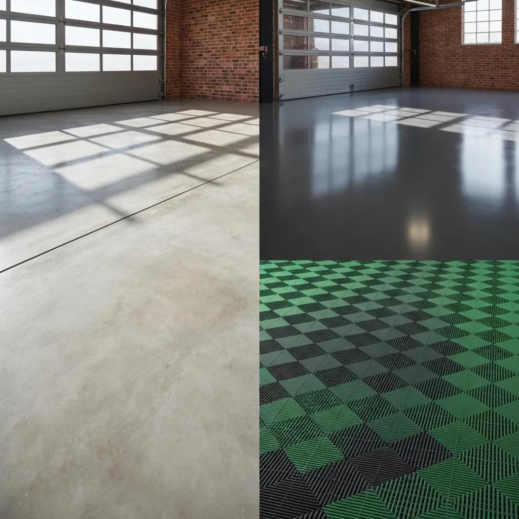 Comparison of garage flooring options including sealed concrete, epoxy, and tiles