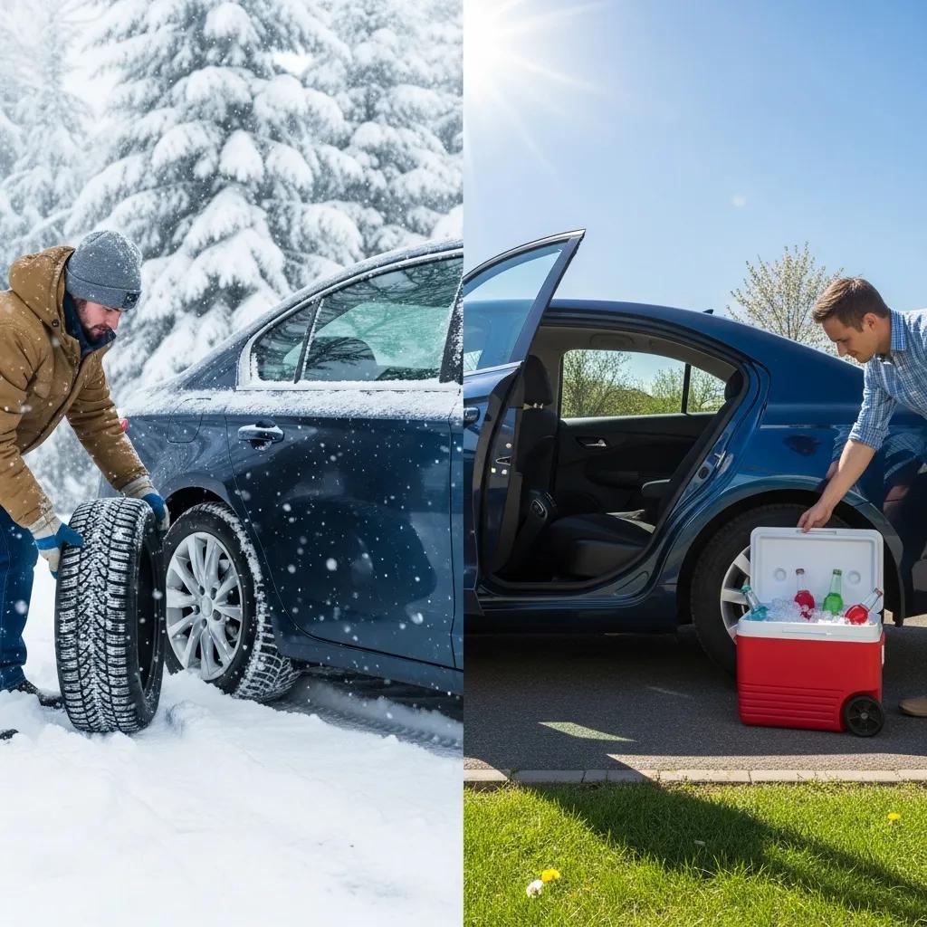 Contrasting seasonal car care scenes for winter and summer vehicle preparation