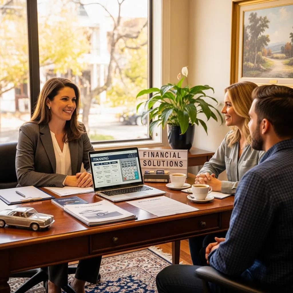 Couple discussing financing options for a used Mercedes-Benz in a cozy office
