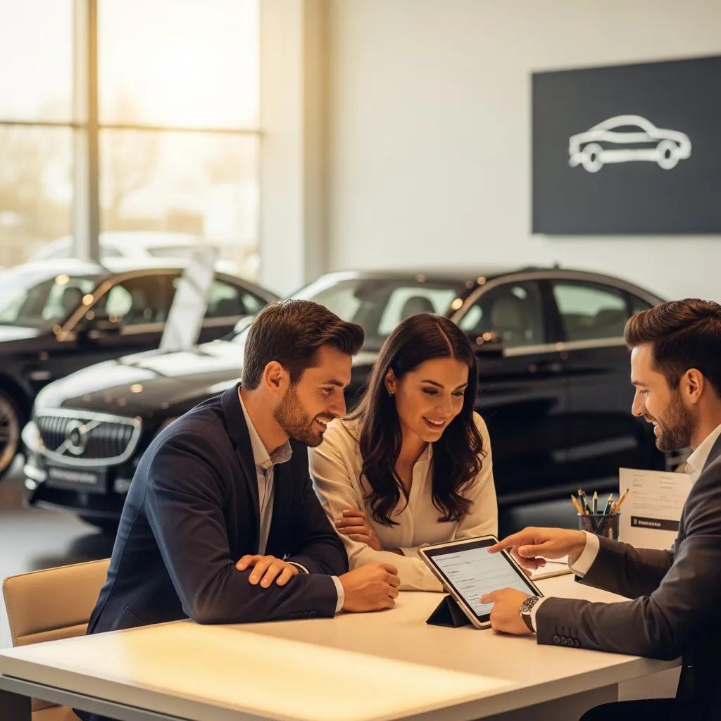 Couple discussing financing options with an advisor in a luxury car dealership, focusing on financial planning