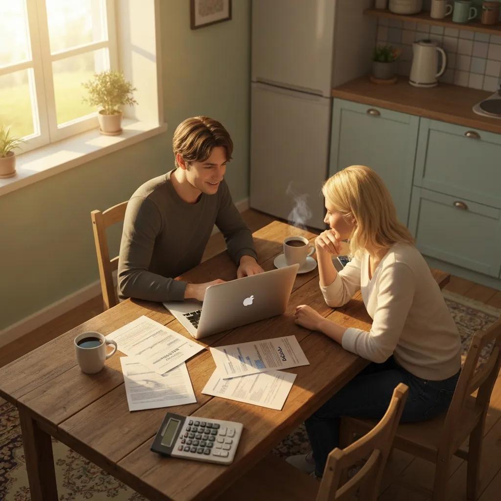 Couple reviewing car loan options at home, emphasizing financial planning for affordable cars