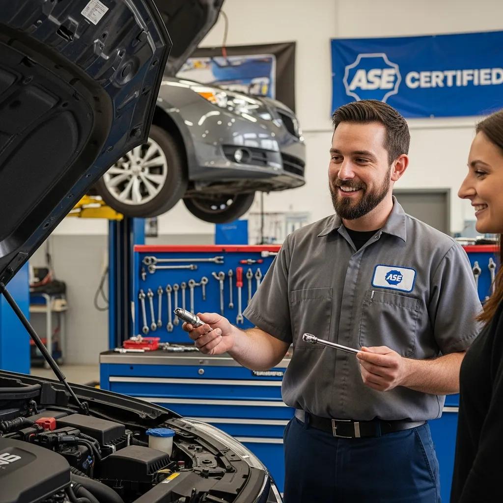 Customer consulting with ASE-certified technician about spark plug service at an auto care center