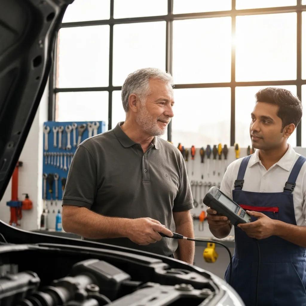 Customer discussing vehicle repairs with a knowledgeable mechanic in an auto repair shop