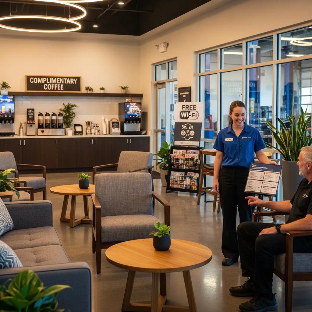 Customer lounge area with amenities at an auto care center