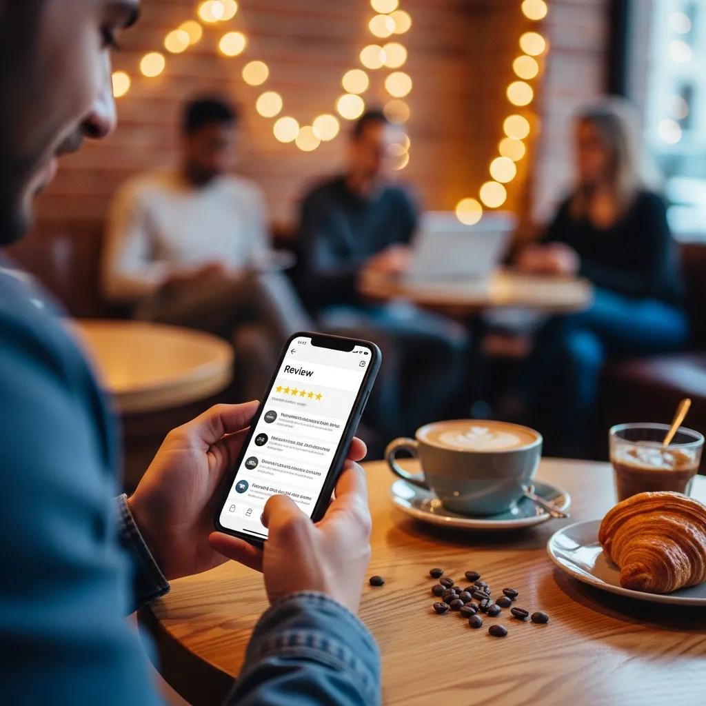 Customer reading reviews on a smartphone in a cozy café, highlighting the importance of research for reliable auto repair services