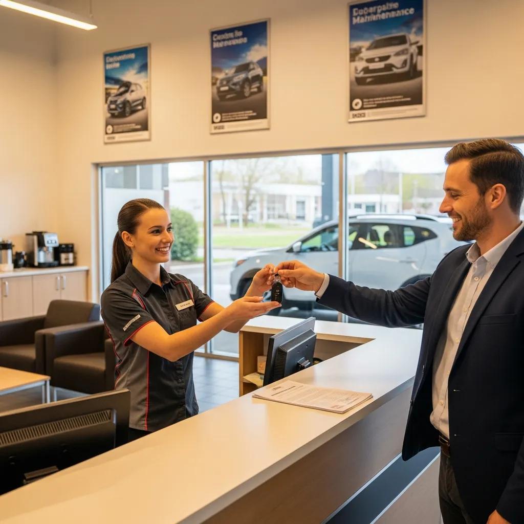 Customer receiving a loaner vehicle from a friendly staff member at an auto repair shop, showcasing convenience and customer service
