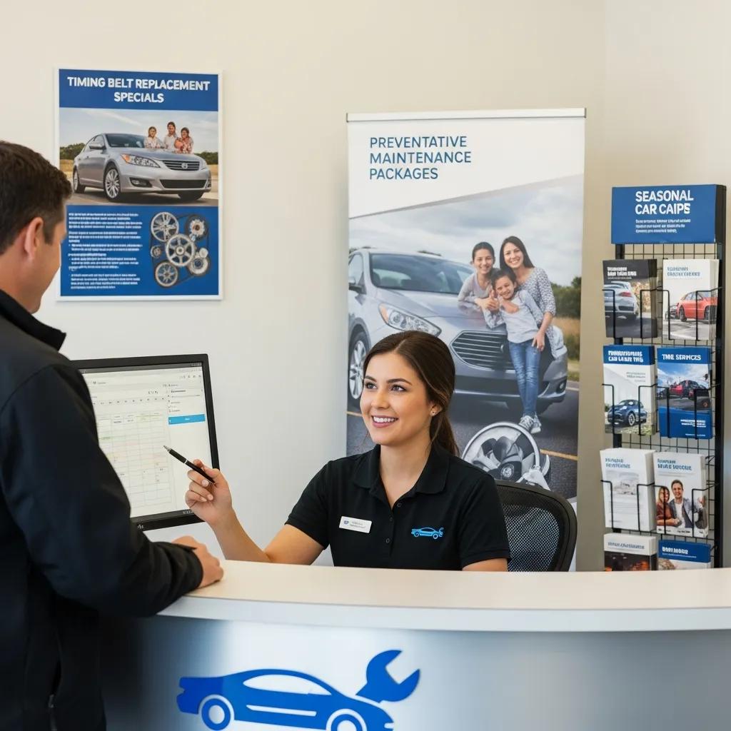 Customer service representative helping a client schedule a timing belt replacement at an auto care center