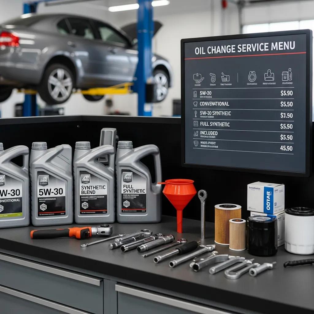 Display of different oil types and tools for oil change services