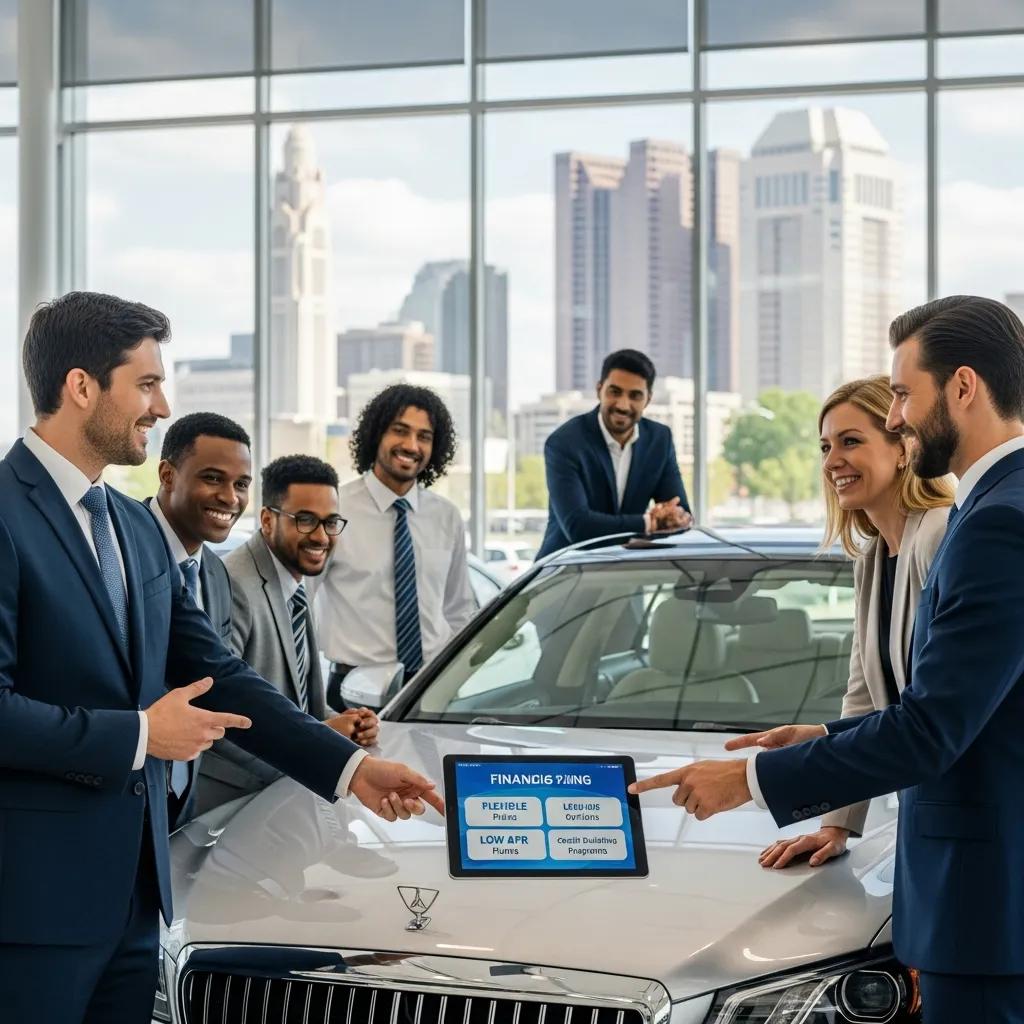 Diverse group discussing financing options at a luxury car dealership, emphasizing accessibility for all credit backgrounds