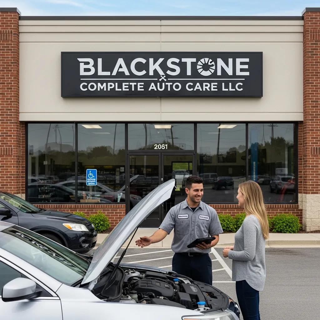 Exterior view of Blackstone Complete Auto Care with a technician assisting a customer