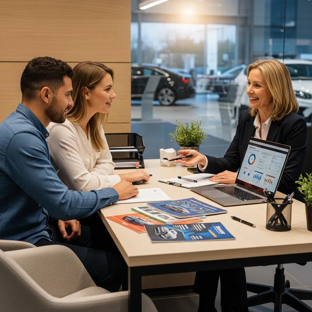 Finance advisor assisting a couple with financing options for a used Land Rover in a dealership