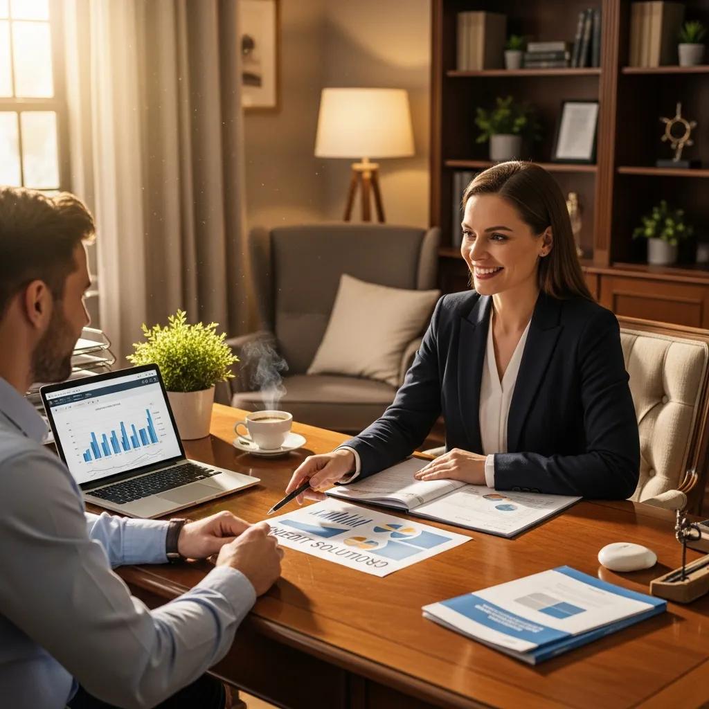 Advisor discussing credit solutions with a client in an office, demonstrating tailored financial planning
