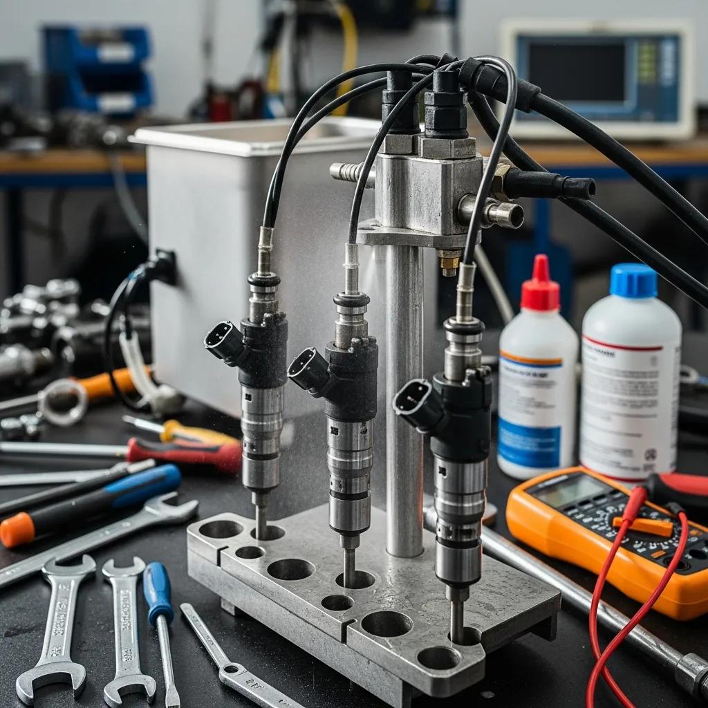 Fuel injectors being cleaned in an automotive workshop