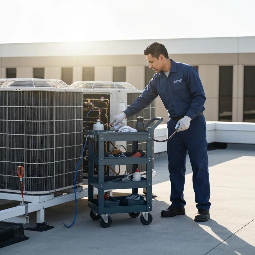 HVAC technician conducting maintenance on a commercial air conditioning unit