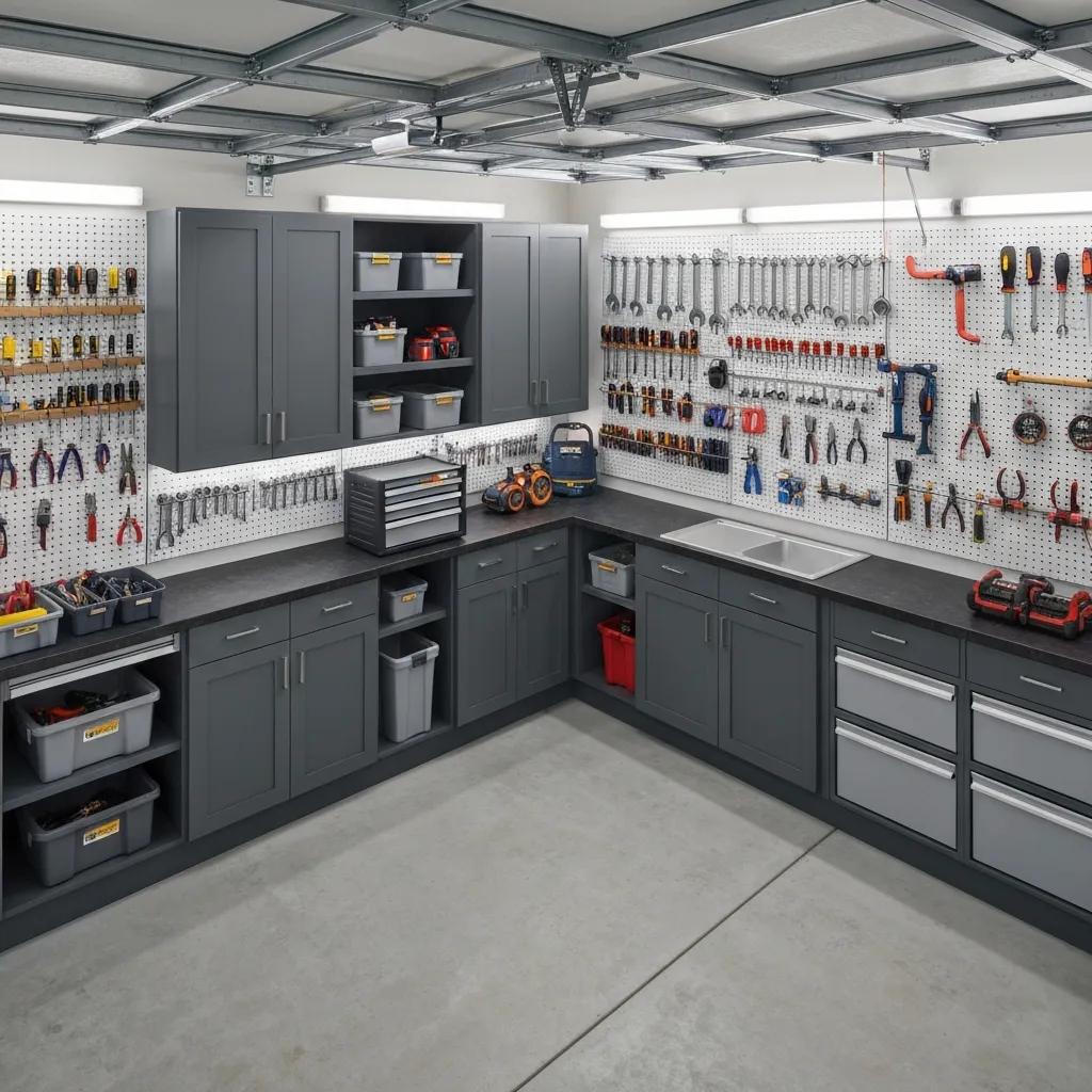 Illustration of garage organization systems with slatwall, pegboard, and cabinets