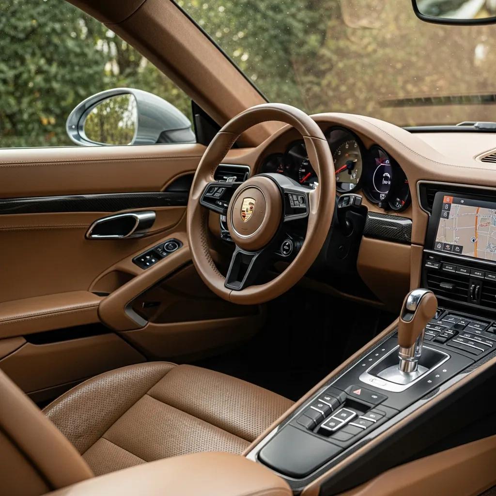 Interior view of a pre-owned Porsche showcasing luxurious leather seats and high-tech dashboard features