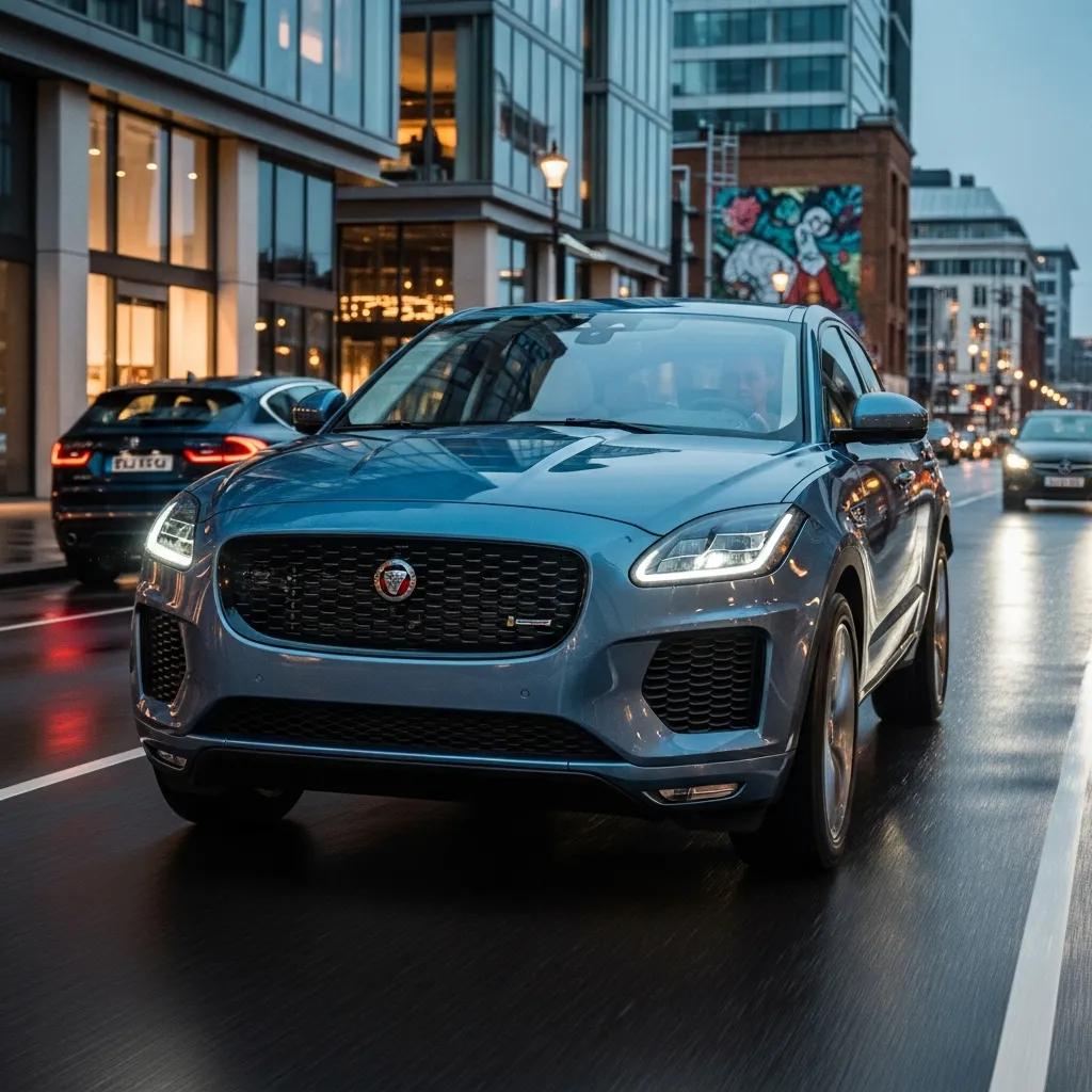 Jaguar E-Pace driving in an urban setting, showcasing agility and modern technology