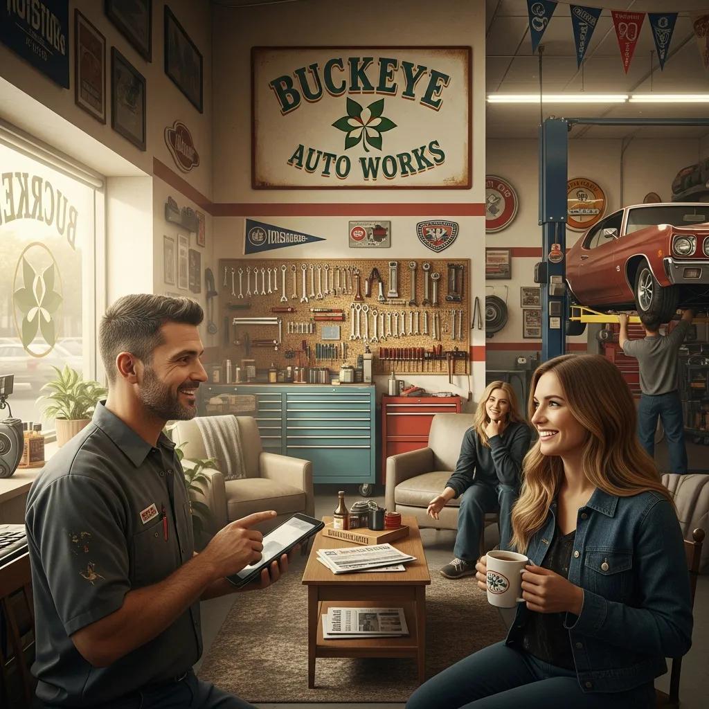 Local independent auto repair shop in Columbus with a technician and satisfied customer