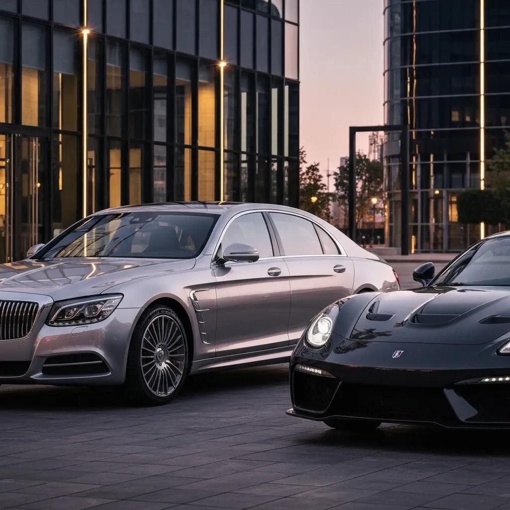 Luxury and performance cars parked in an upscale urban environment