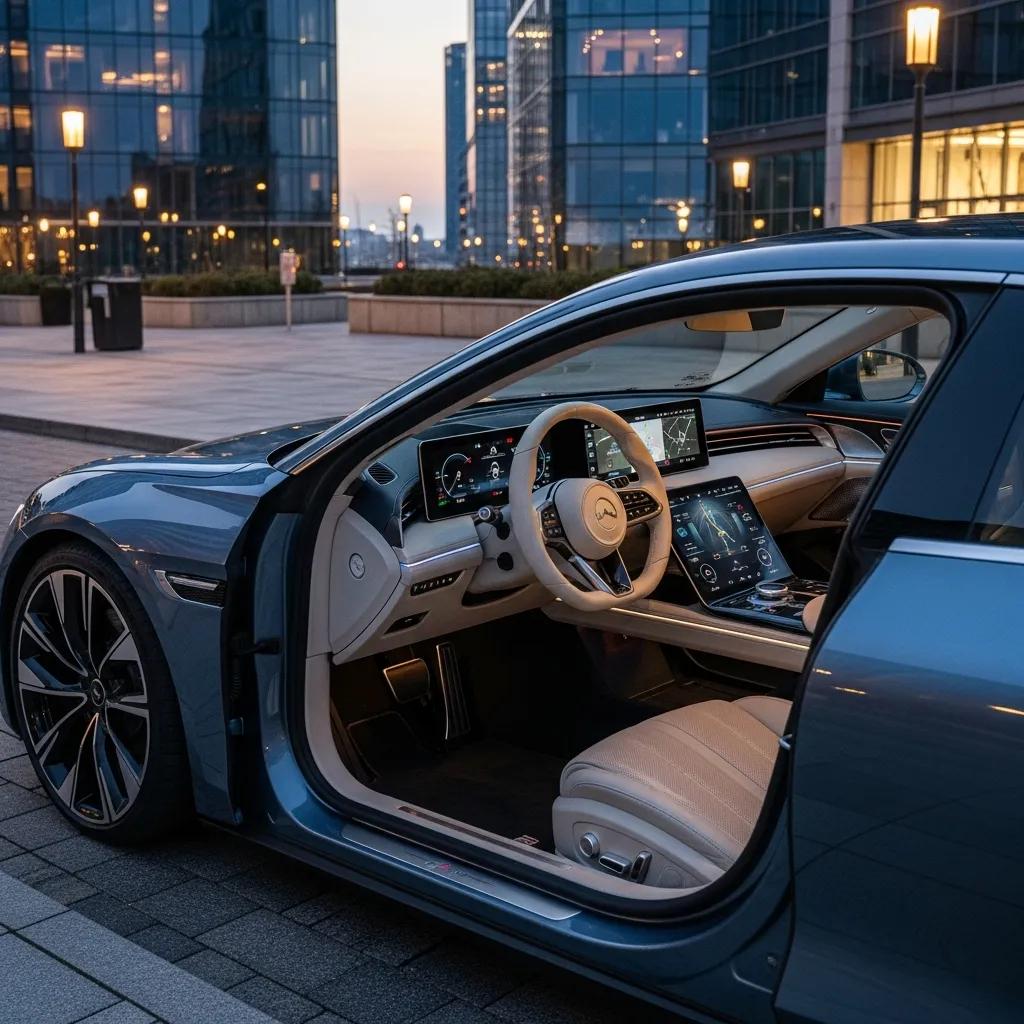 Luxury car featuring advanced technology in a modern urban setting