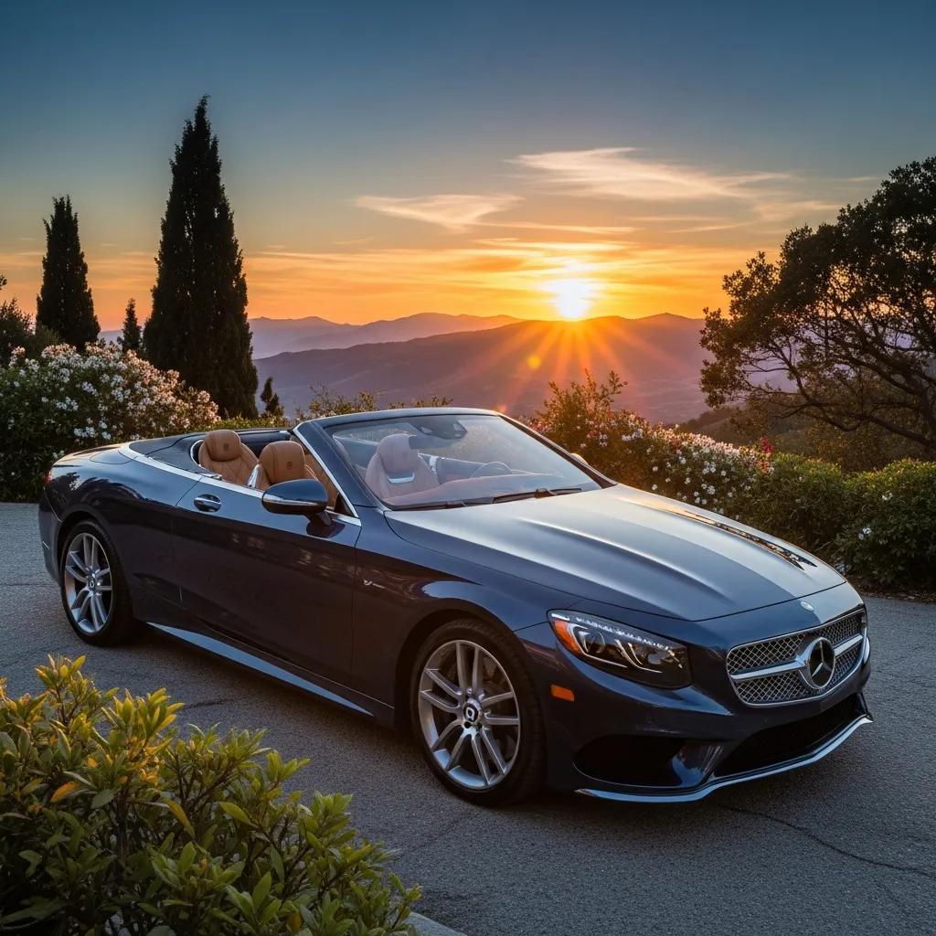 Luxury convertible parked in a scenic outdoor setting, showcasing its sleek design and open roof