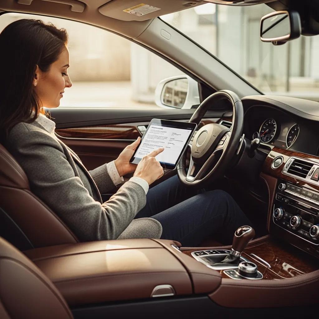 Luxury used car interior with a person reviewing financing options on a tablet