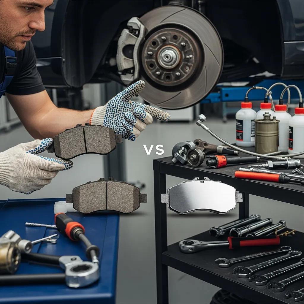 Mechanic examining brake pads with worn and new pads for comparison