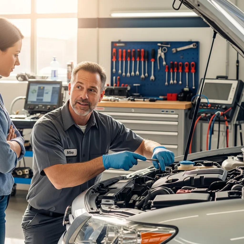 Mechanic explaining car maintenance to a customer, emphasizing honesty and transparency in auto repair