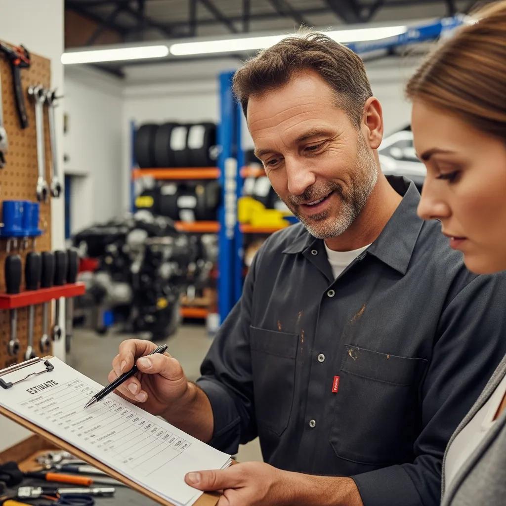 Mechanic reviewing a clear, itemized estimate with a customer at a Columbus auto shop