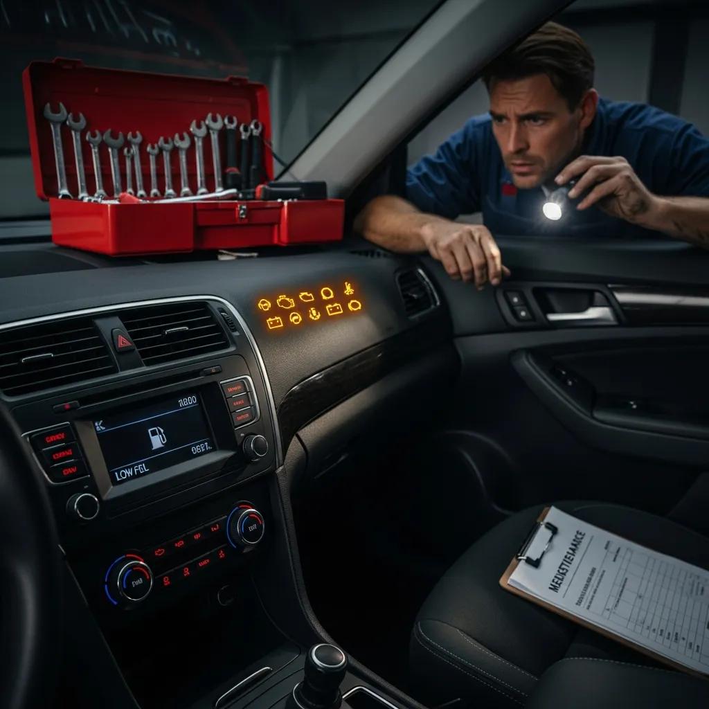Technician checking dashboard warning lights during routine maintenance