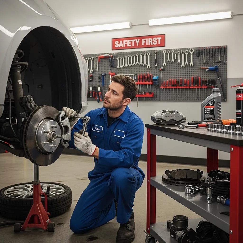 Mechanic inspecting a car's brake system in an auto repair shop