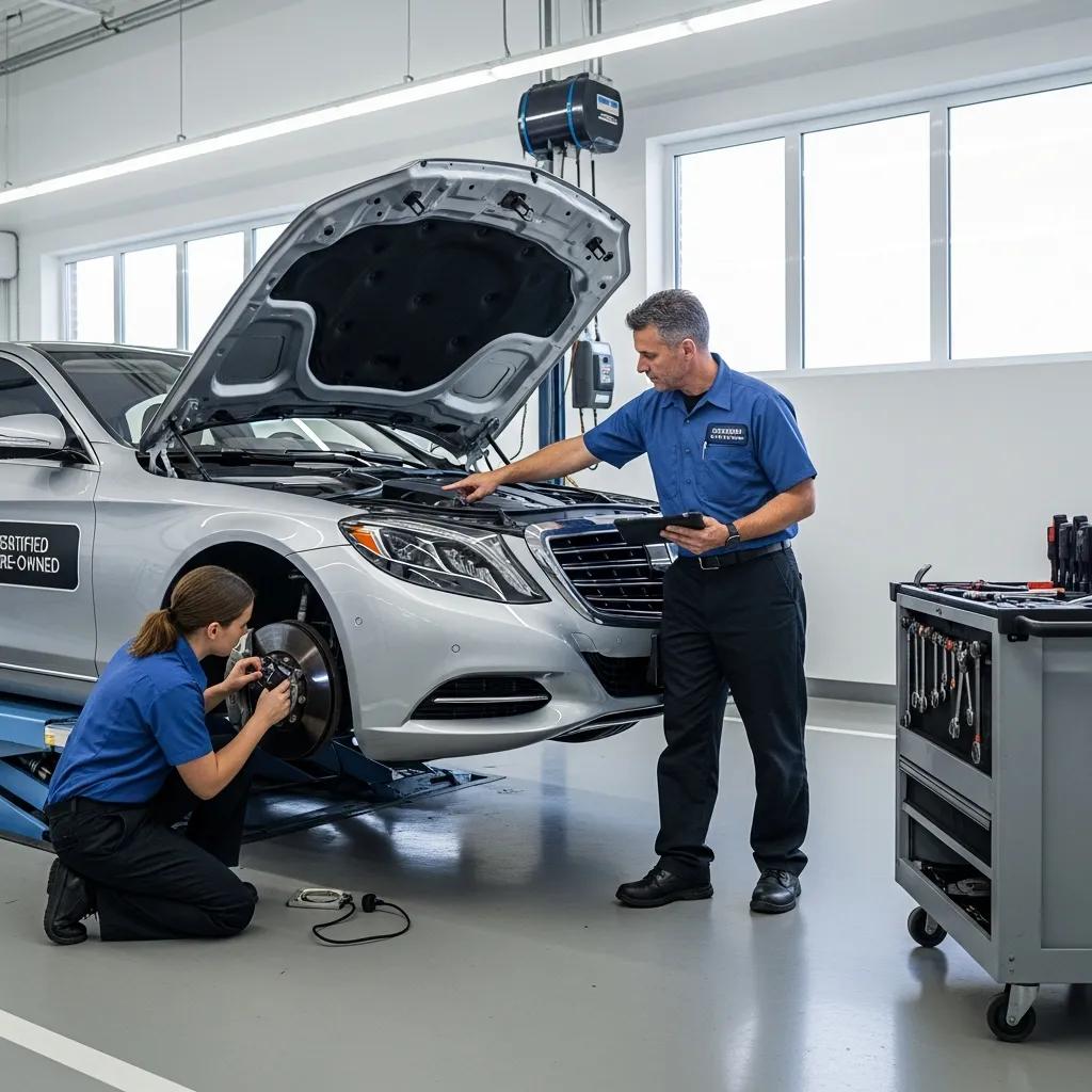 Mechanic inspecting a certified pre-owned luxury car, illustrating the benefits of thorough inspections
