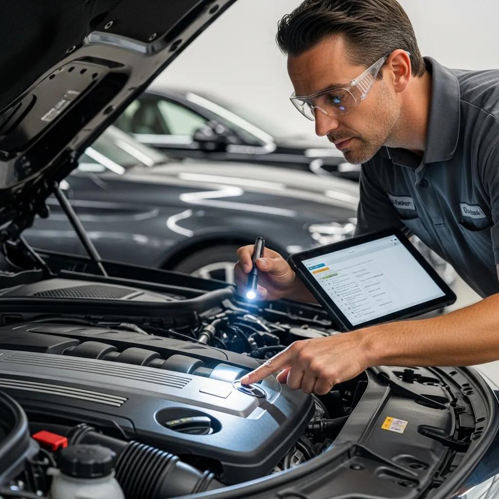 Mechanic inspecting a luxury car, highlighting certified pre-owned quality assurance