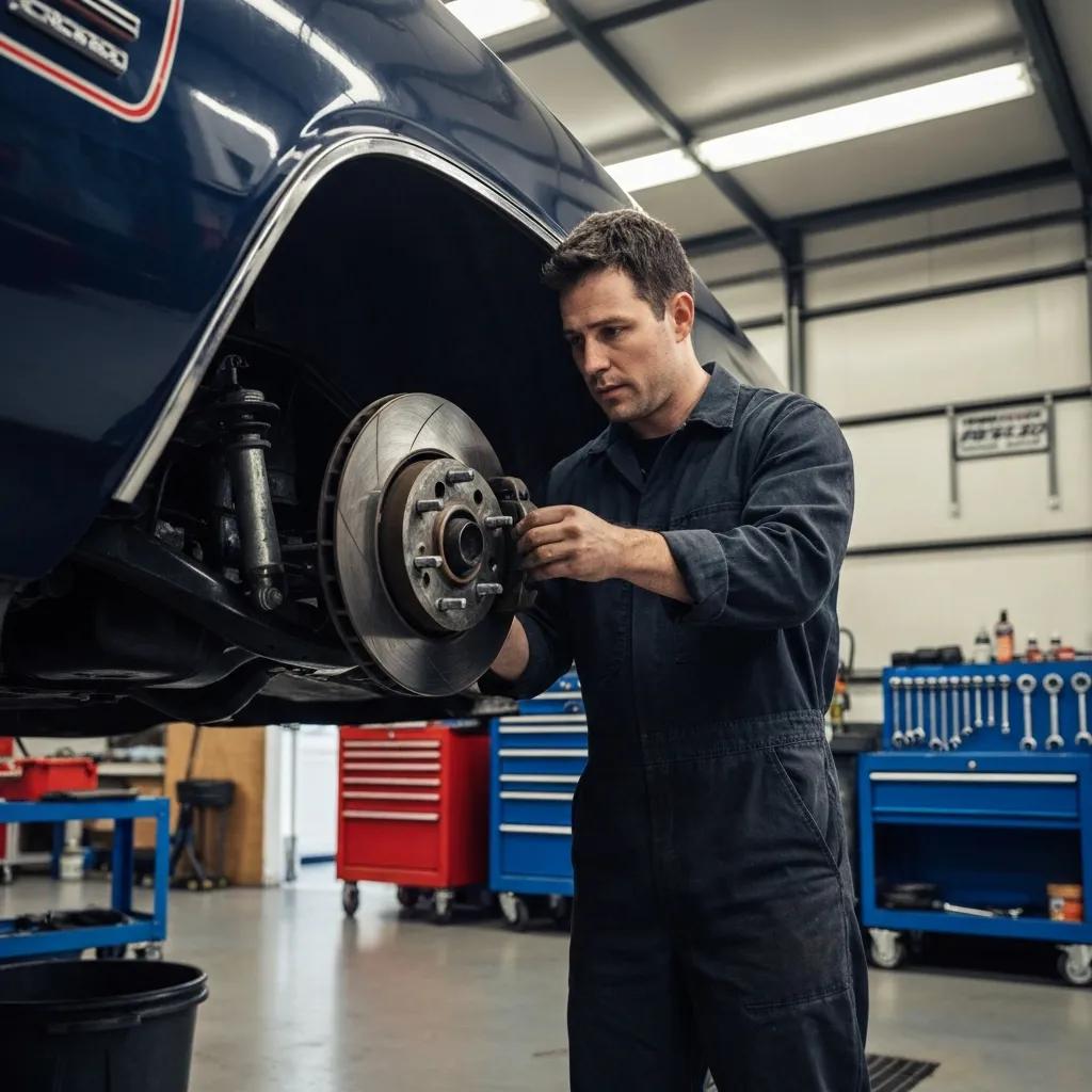 Mechanic inspecting brake components in a garage, highlighting attention to detail in brake repair services