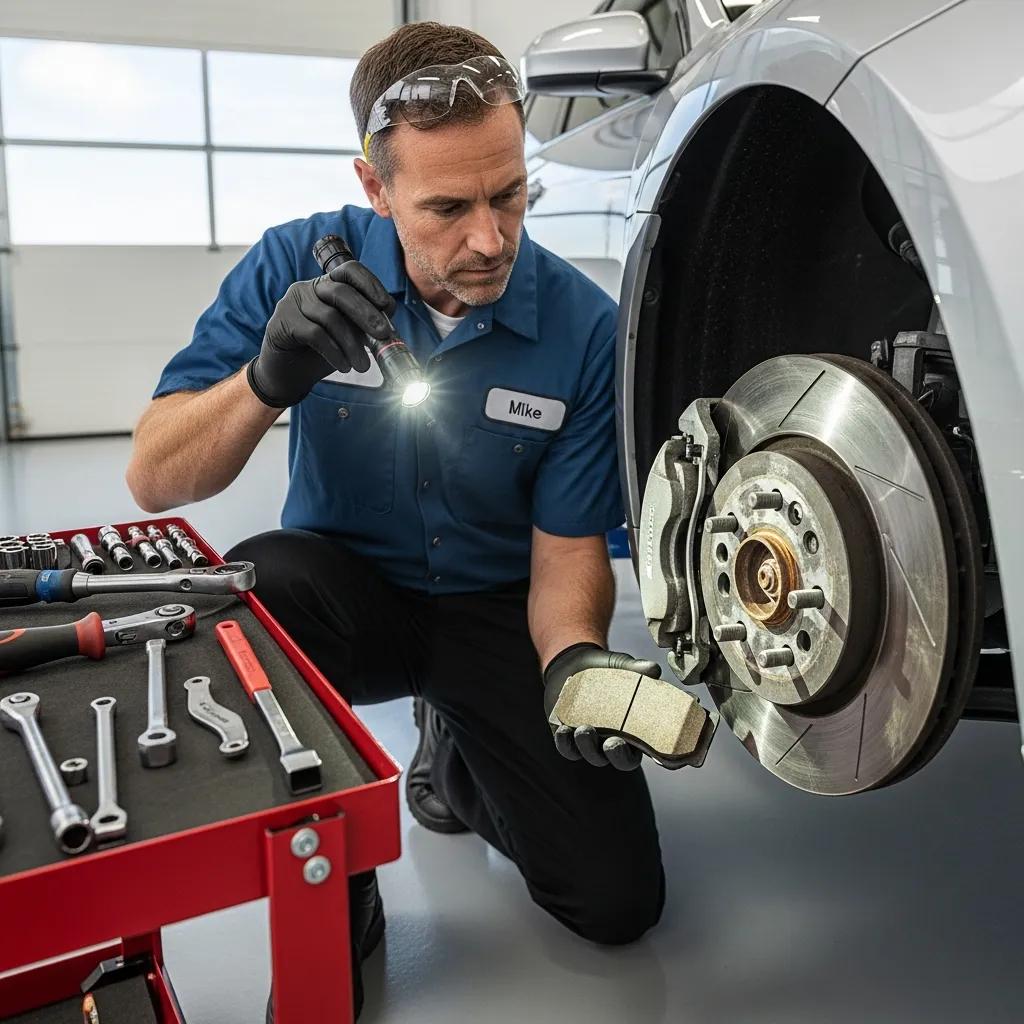 Technician examining brake pads and rotors to prevent costly failures