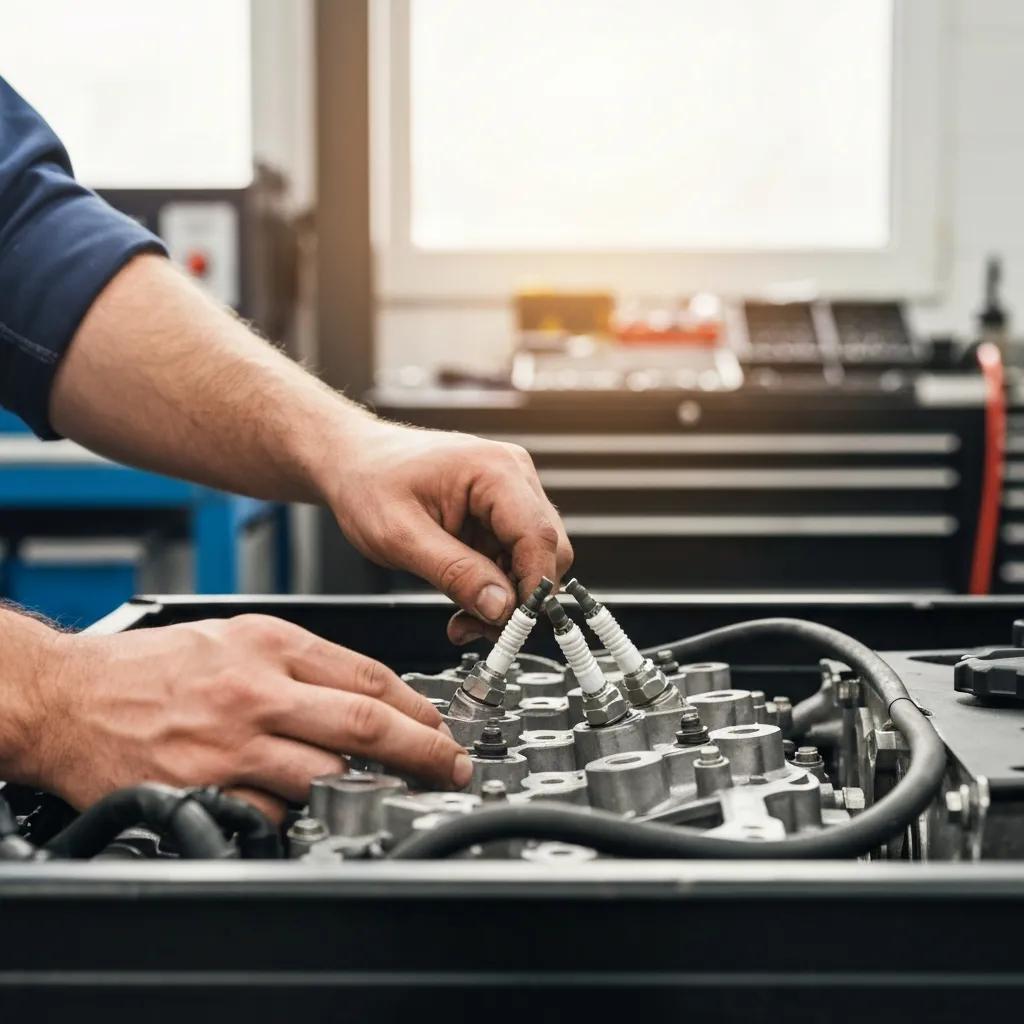 Mechanic inspecting engine components like spark plugs and fuel injectors for diagnostics