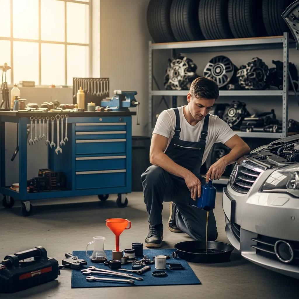 Mechanic performing an oil change in a garage, highlighting car maintenance importance