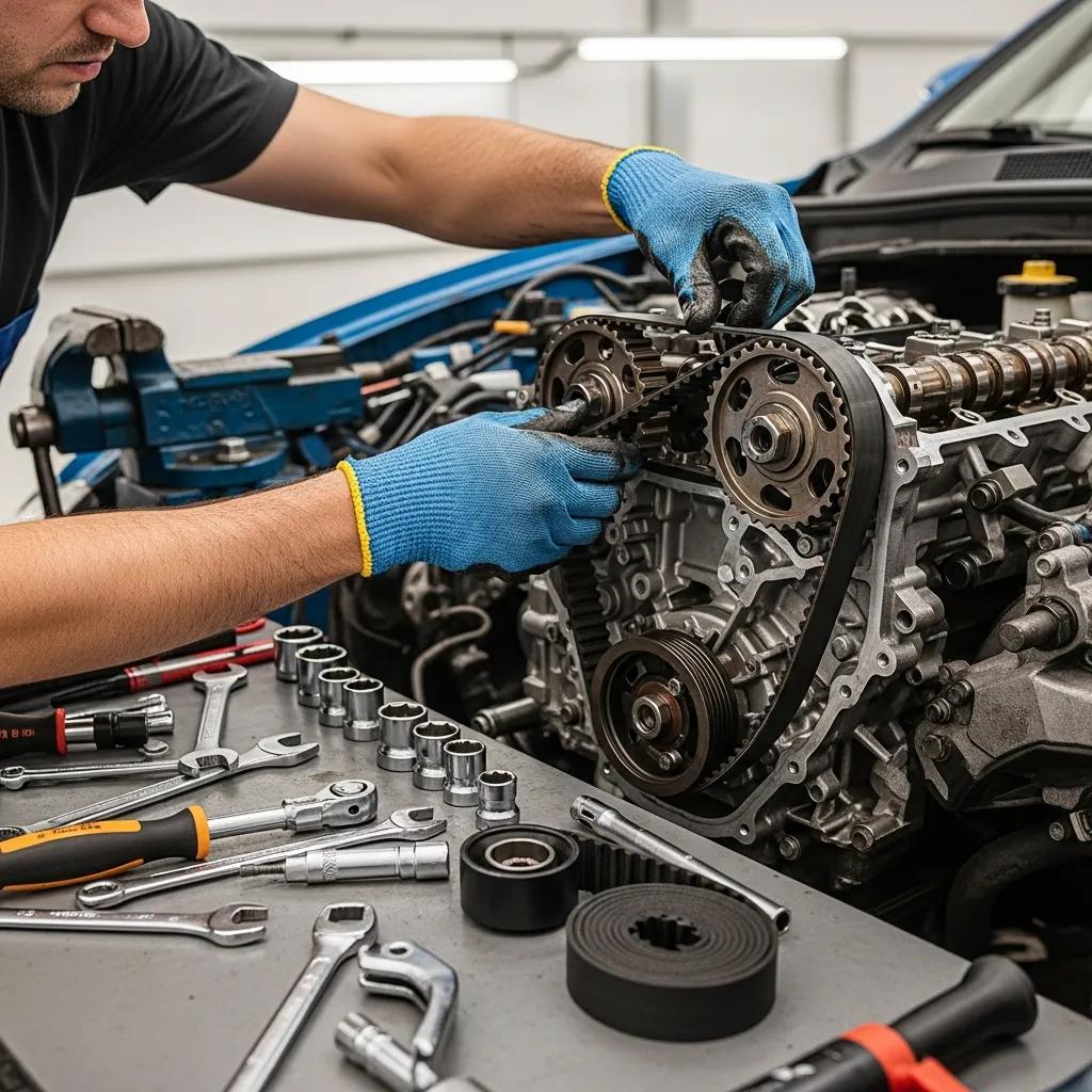Mechanic performing timing belt replacement on a vehicle