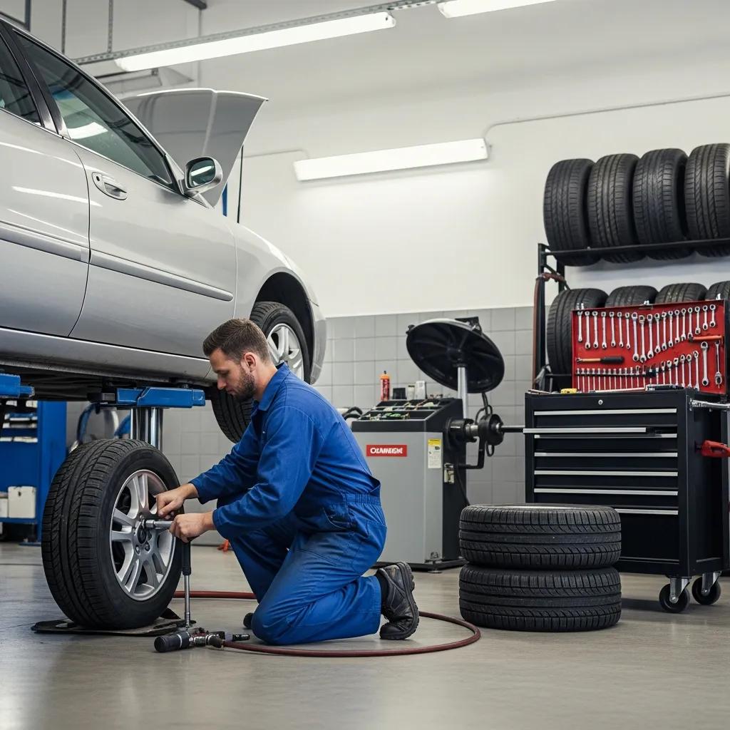 Mechanic performing tire rotation on a domestic vehicle in a professional garage setting
