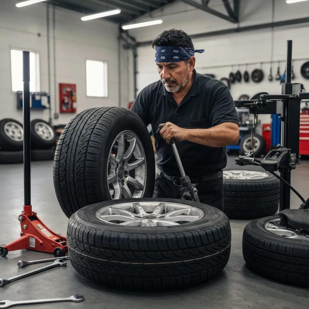 Mechanic performing tire service, emphasizing the importance of tire maintenance and safety