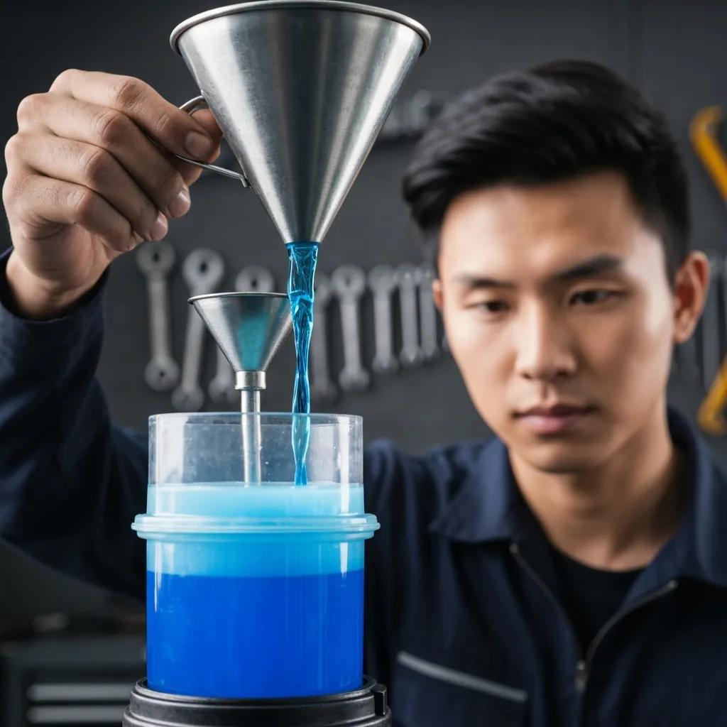 Mechanic pouring fresh brake fluid into a car's reservoir
