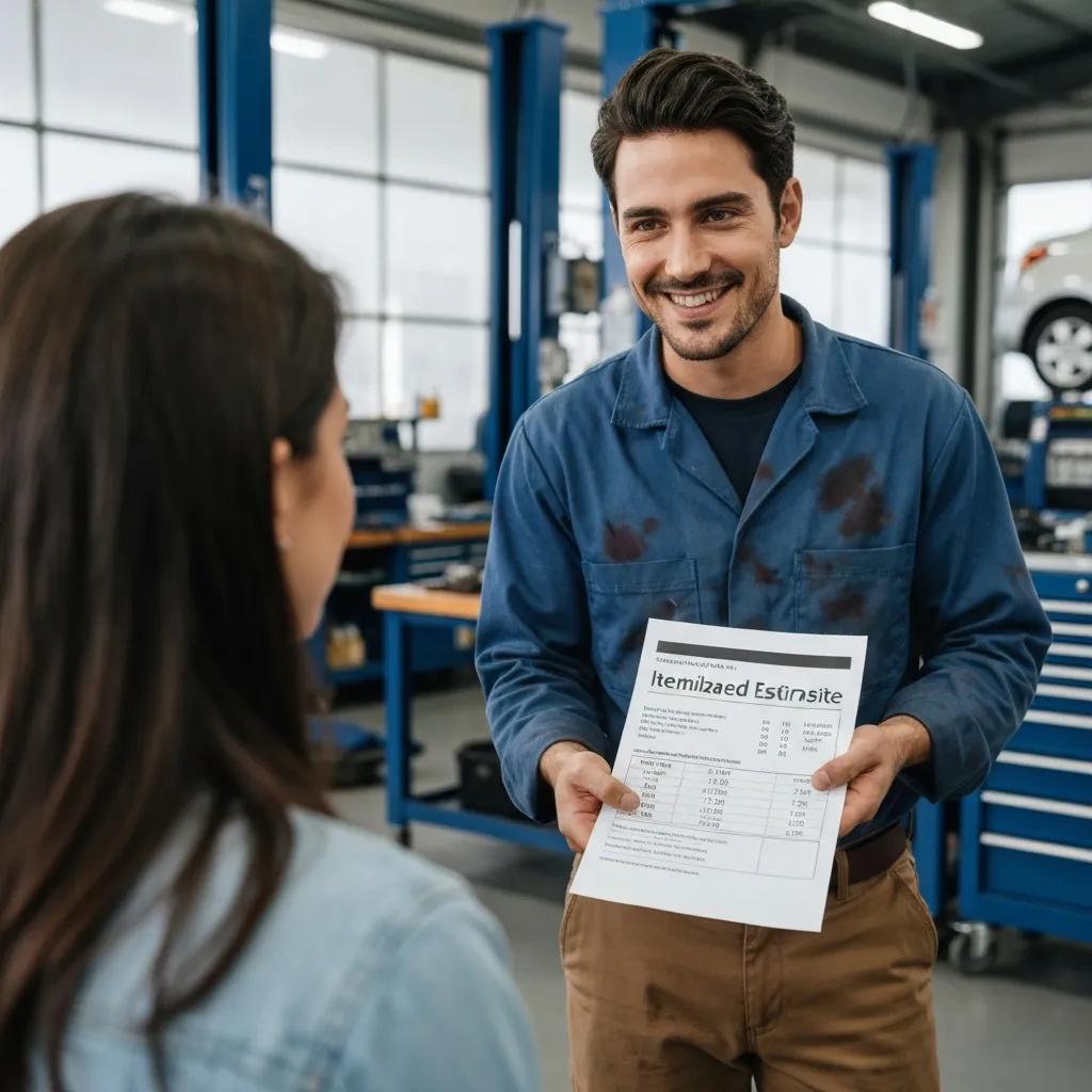 Mechanic presenting an itemized estimate to a customer in an auto repair shop