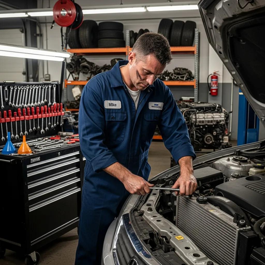 Mechanic repairing a car radiator in an auto shop, emphasizing expert radiator repair services