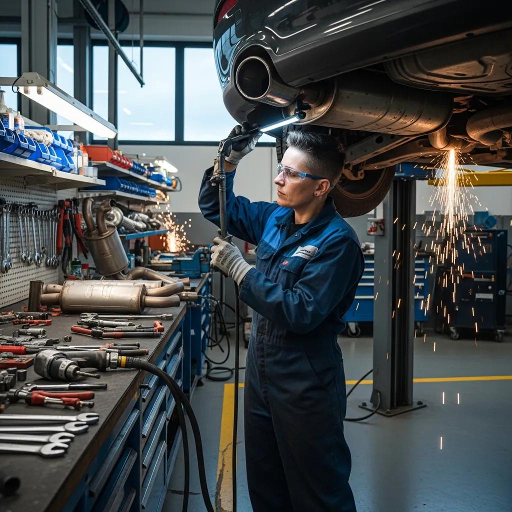 Mechanic repairing a car's exhaust system in an auto shop