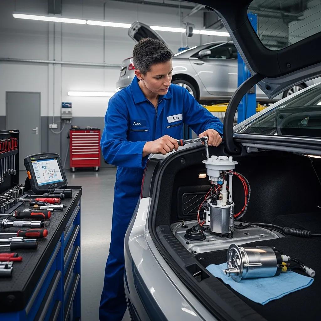 Mechanic replacing a fuel pump in a vehicle