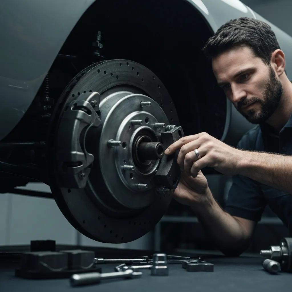 Mechanic replacing brake pads and inspecting rotors, illustrating the brake repair process